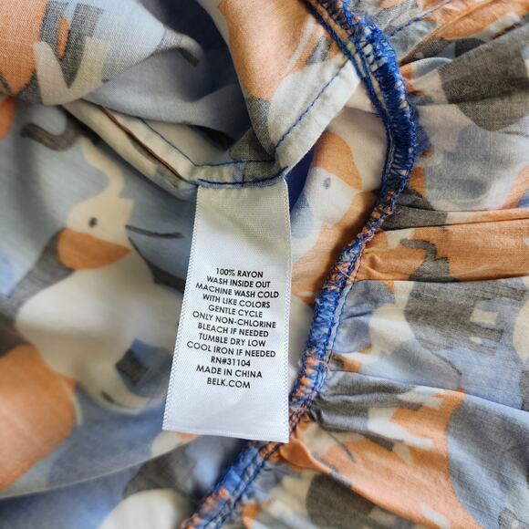 Crown & Ivy Womens Peplum Top Size XXL Bell Sleeves Elephant Print Orange Blue - Picture 8 of 10